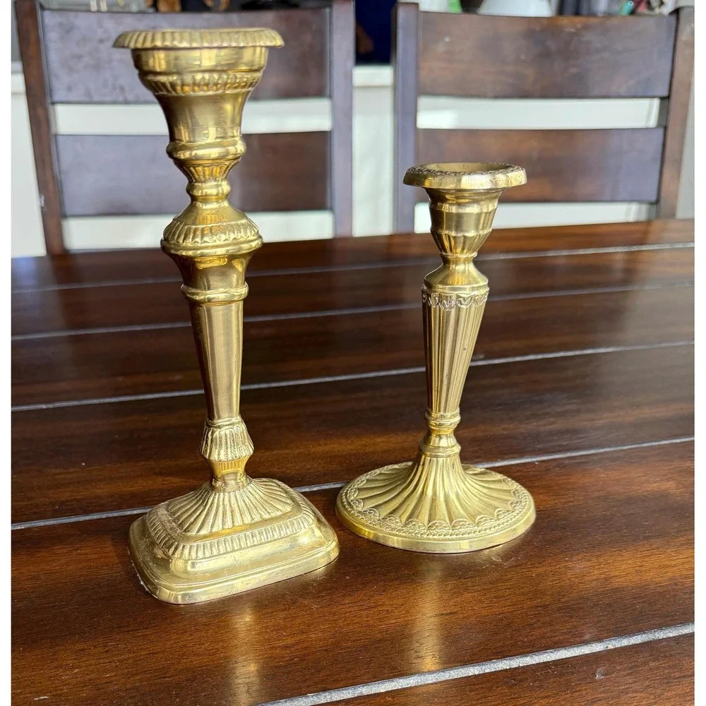 Vintage Eclectic Brass Candlestick Set Louis XVI Style